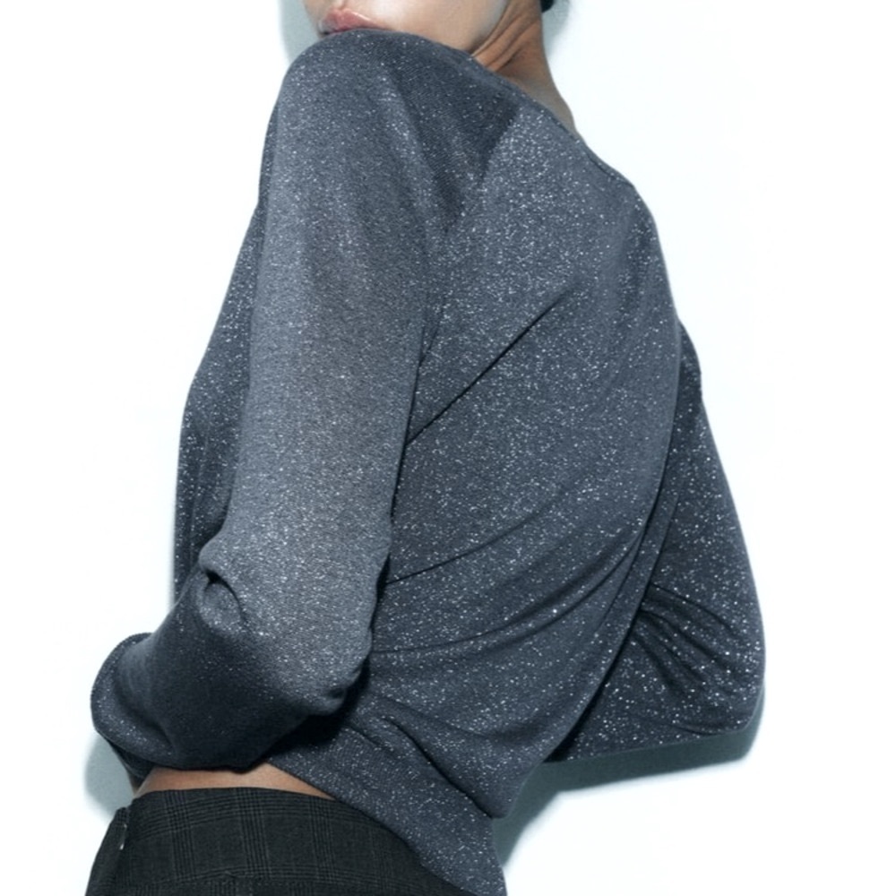 ZARA Metallic Thread Knit Sweater Gray Long Sleeve Lightweight Round Neck NWT - Picture 4 of 10